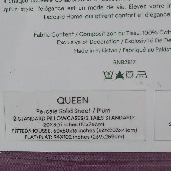 Lacoste Queen Percale Solid Sheet Set Plum 100% Cotton Light Weight Elegant - Picture 4 of 8